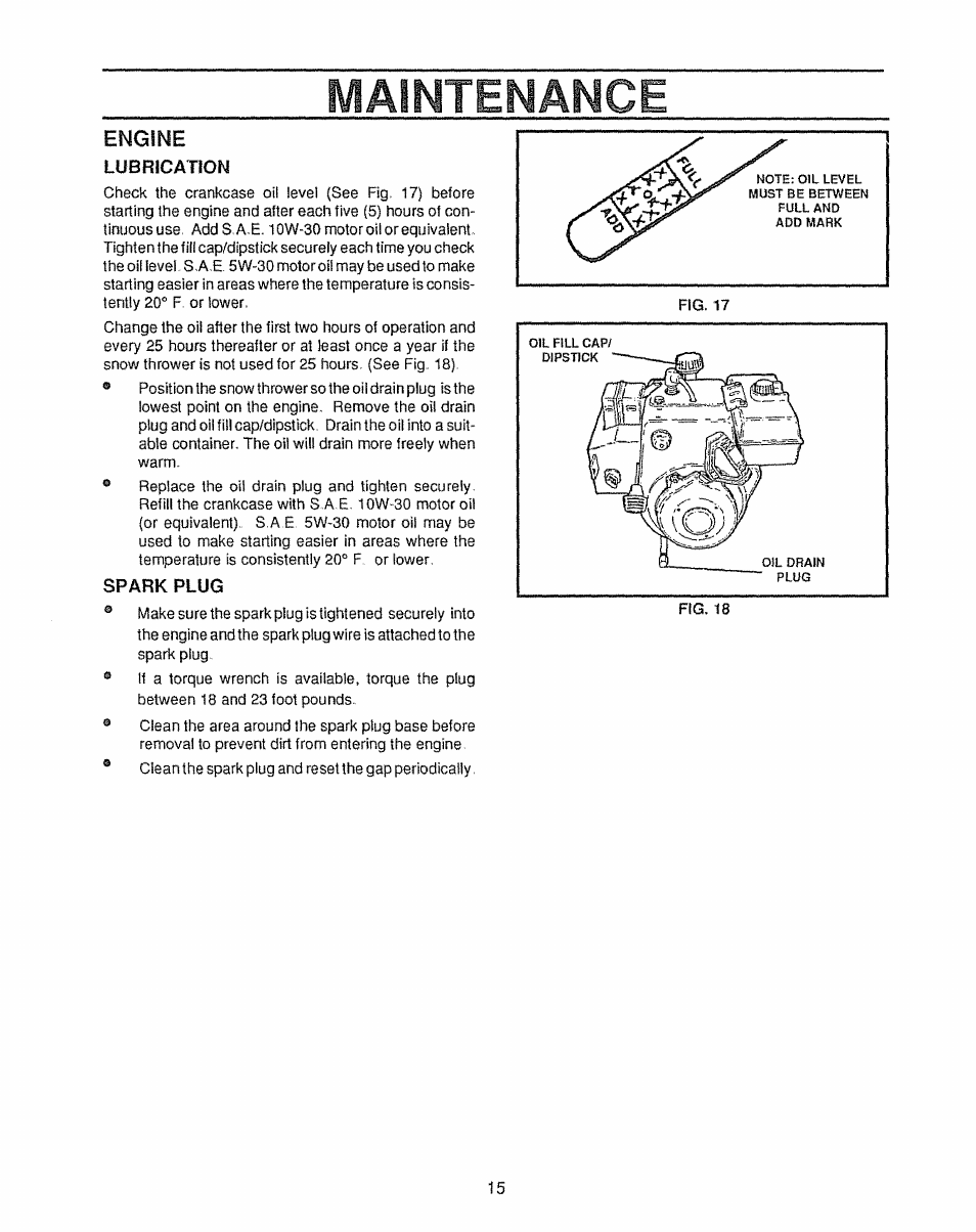 Maintenance, Engine | Sears 536.885410 User Manual | Page 15 / 38