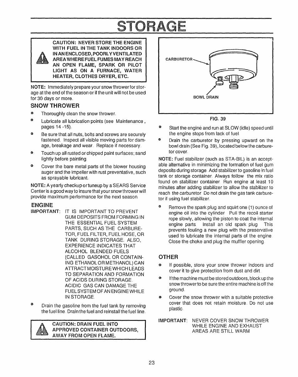 Storage | Sears 536.885410 User Manual | Page 23 / 38