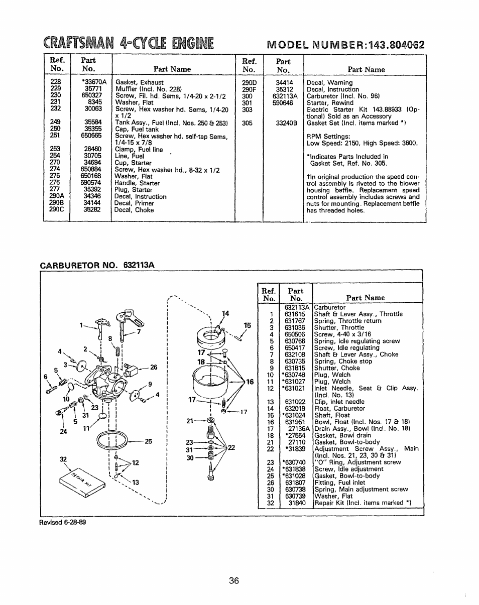 Тттн 4 -стси, Engine, Ref. no. part no. part name | Sears 536.885410 User Manual | Page 36 / 38