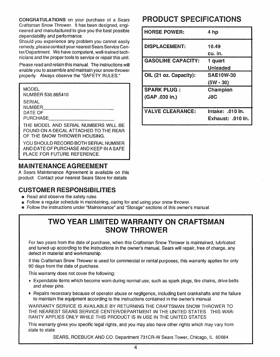 Product specifications, Maintenance agreement, Customer responsibilities | Sears 536.885410 User Manual | Page 4 / 38