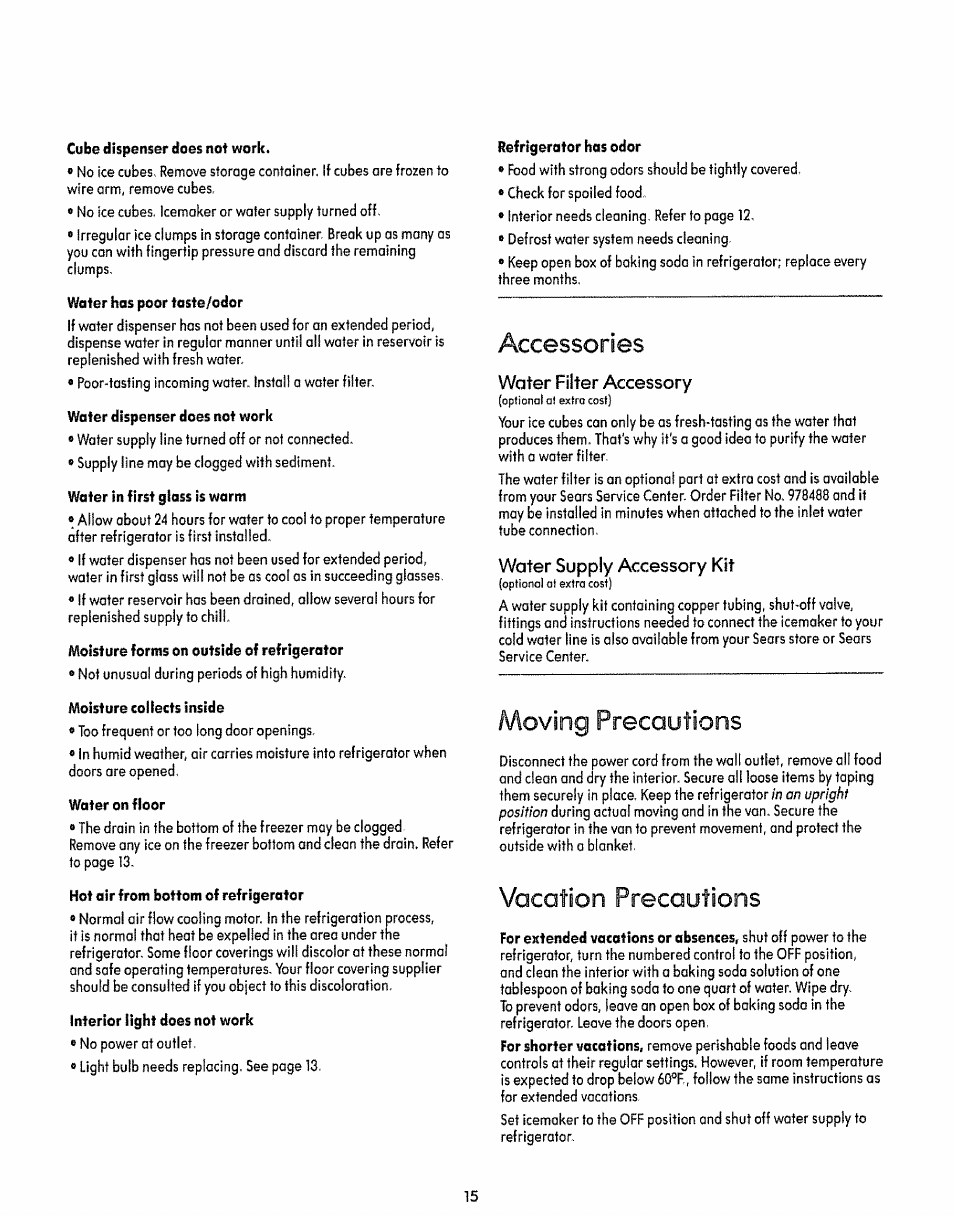 Water filter accessory, Water supply accessory kit, Accessories | Moving precautions, Vacation precautions | Sears KENMORE 50471 User Manual | Page 14 / 15