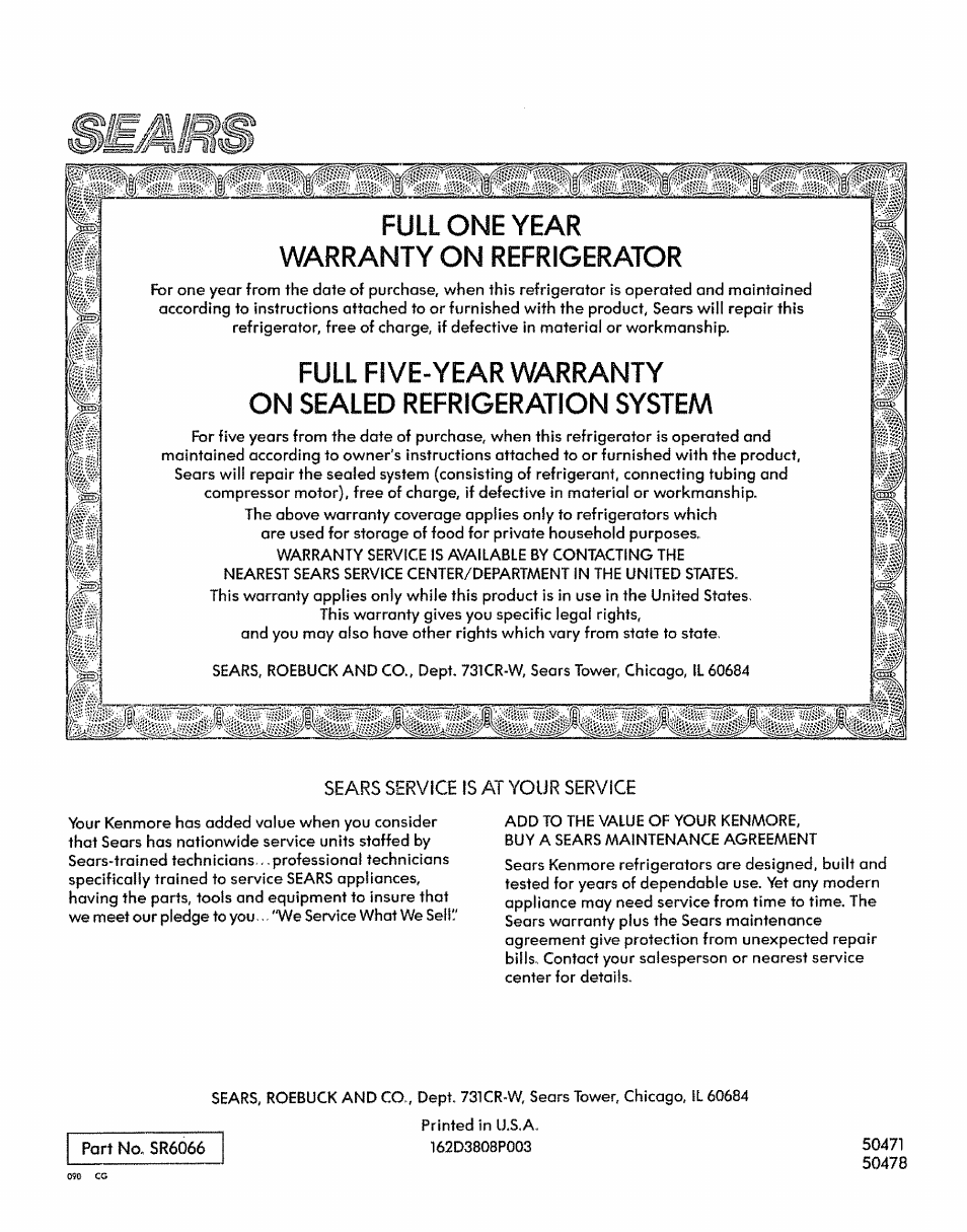 Part no, sr6066, Full one year warranty on refrigerator | Sears KENMORE 50471 User Manual | Page 15 / 15