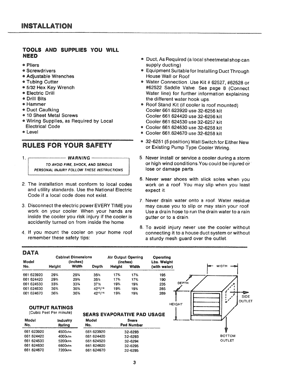 Rules for your safety, Installation | Sears KENMORE 661.62442 User Manual | Page 3 / 16