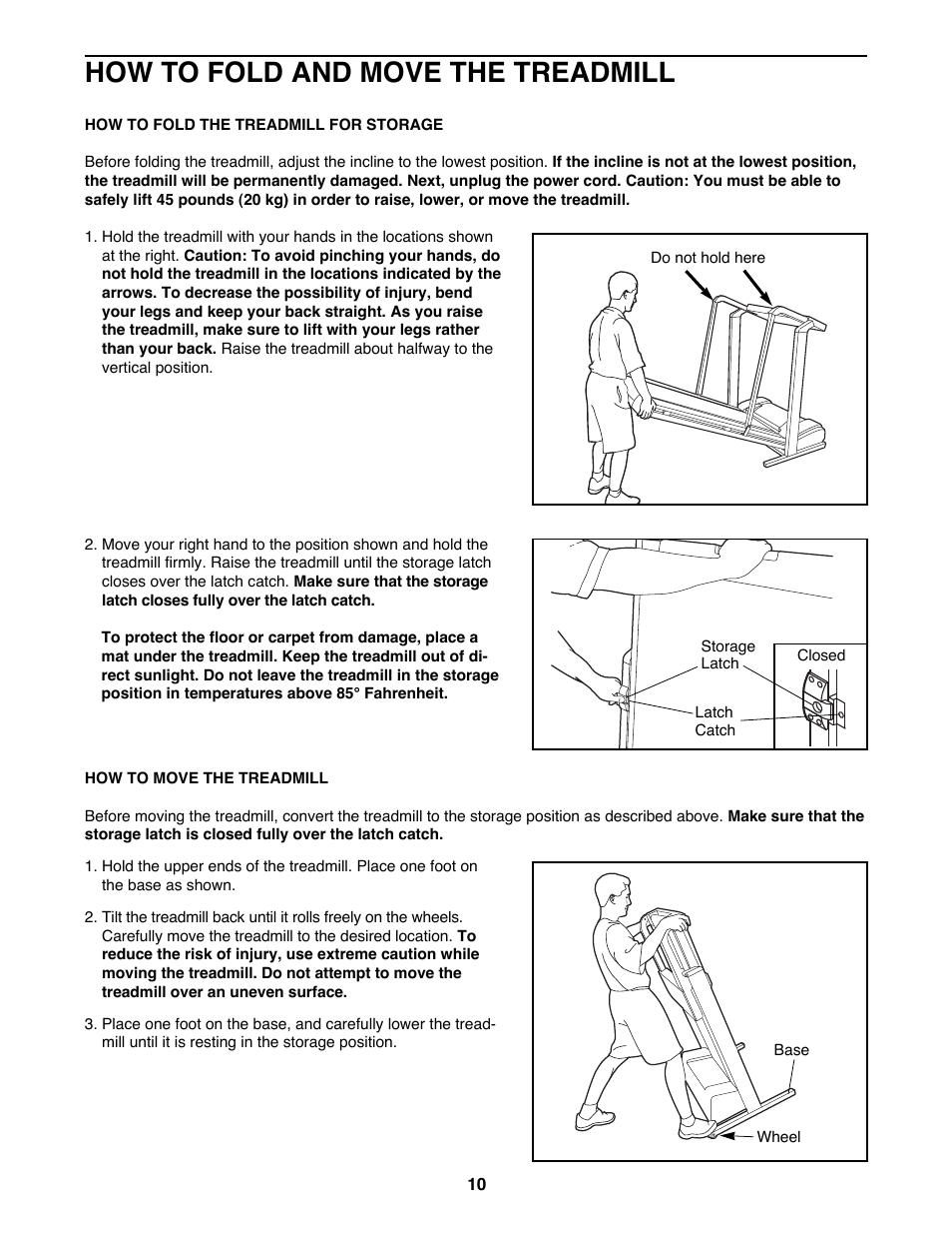 How to fold and move the treadmill | Sears Proform 585 User Manual | Page 10 / 18