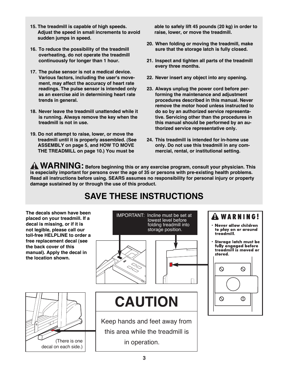 Caution, Warning, Save these instructions | Sears Proform 585 User Manual | Page 3 / 18