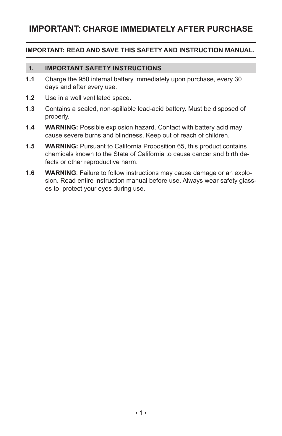 Important, Charge immediately after purchase | Sears 200.71987 User Manual | Page 3 / 9