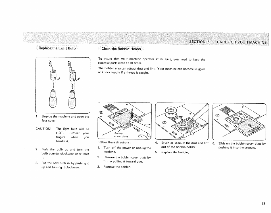 Replace the light buib, Clean the bobbin holder | Sears 385.1884180 User Manual | Page 65 / 75