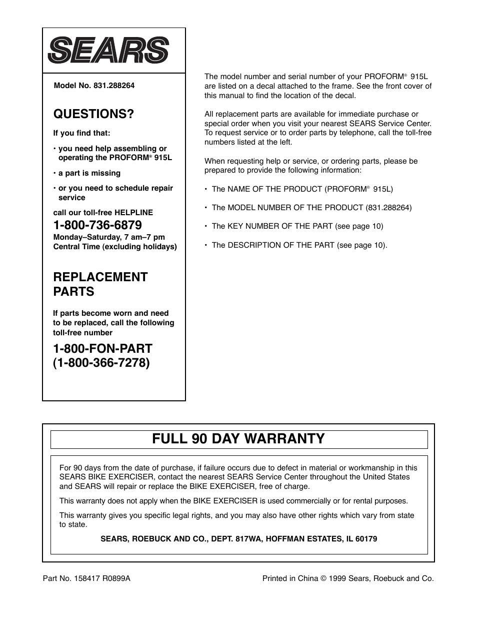 Full 90 day warranty, Questions, Replacement parts | Sears 831.288264 User Manual | Page 12 / 12