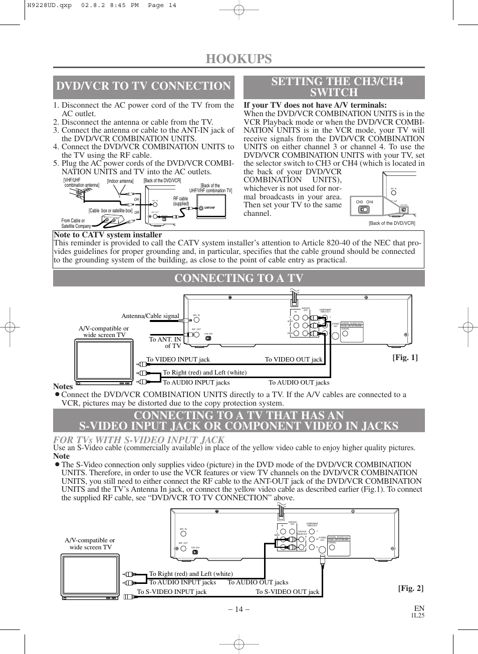 Hookups, Dvd/vcr to tv connection, Setting the ch3/ch4 switch | For tvs with s-video input jack, Fig. 2, 1l25 | Sears SRD2900 User Manual | Page 14 / 48