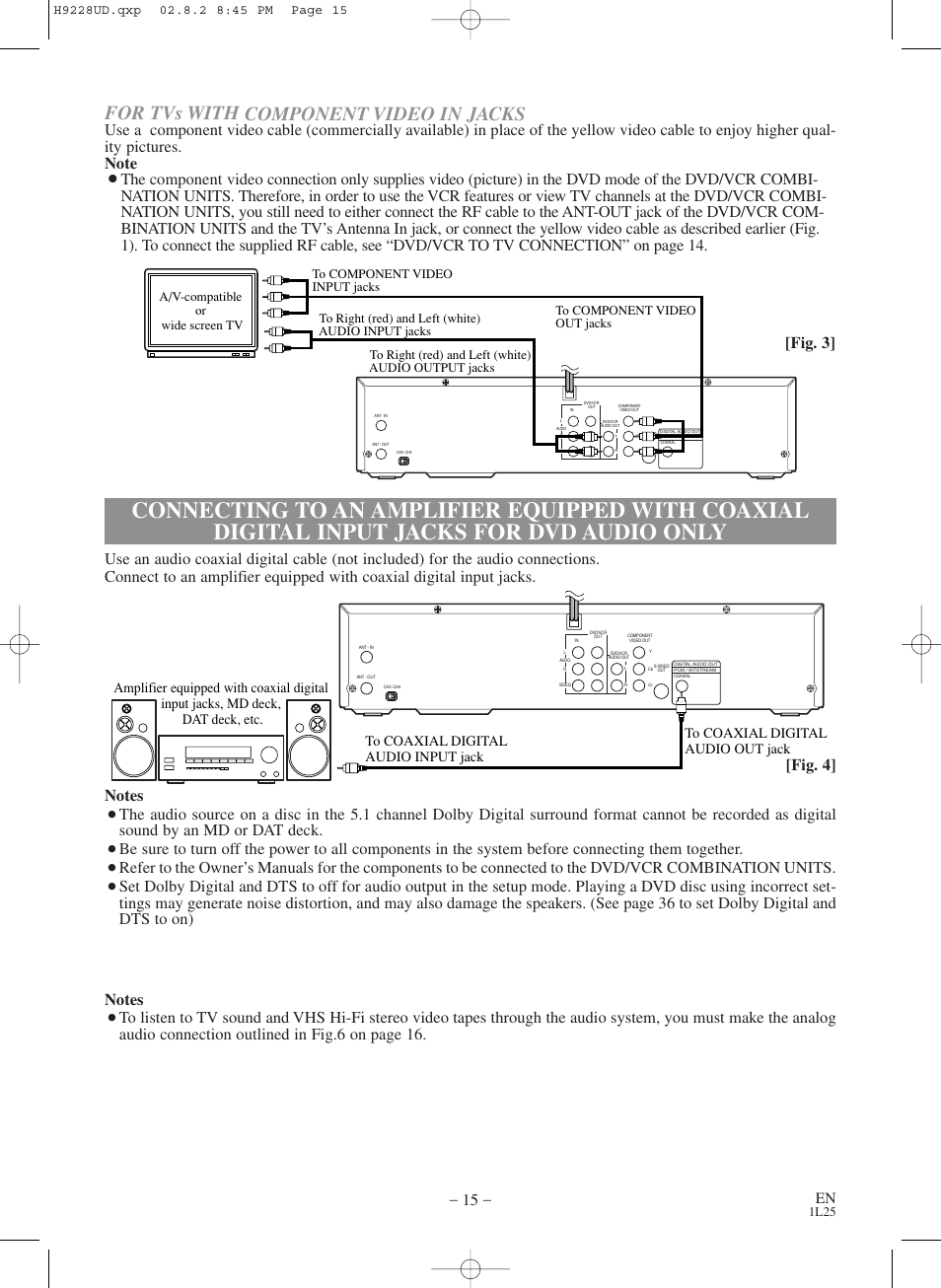 For tvs with component video in jacks, Fig. 3, 1l25 | Sears SRD2900 User Manual | Page 15 / 48