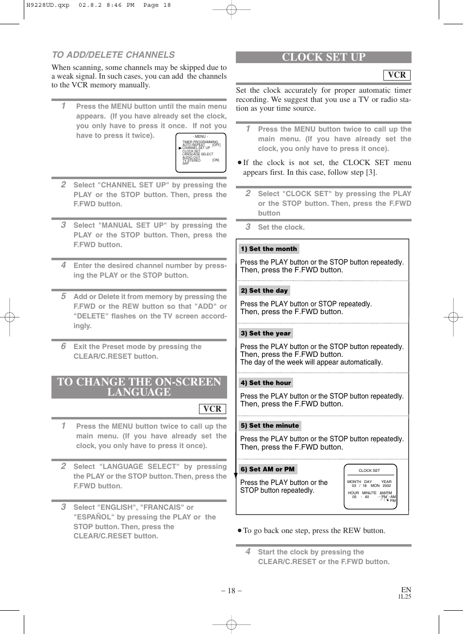 Clock set up, Vcr to add/delete channels | Sears SRD2900 User Manual | Page 18 / 48
