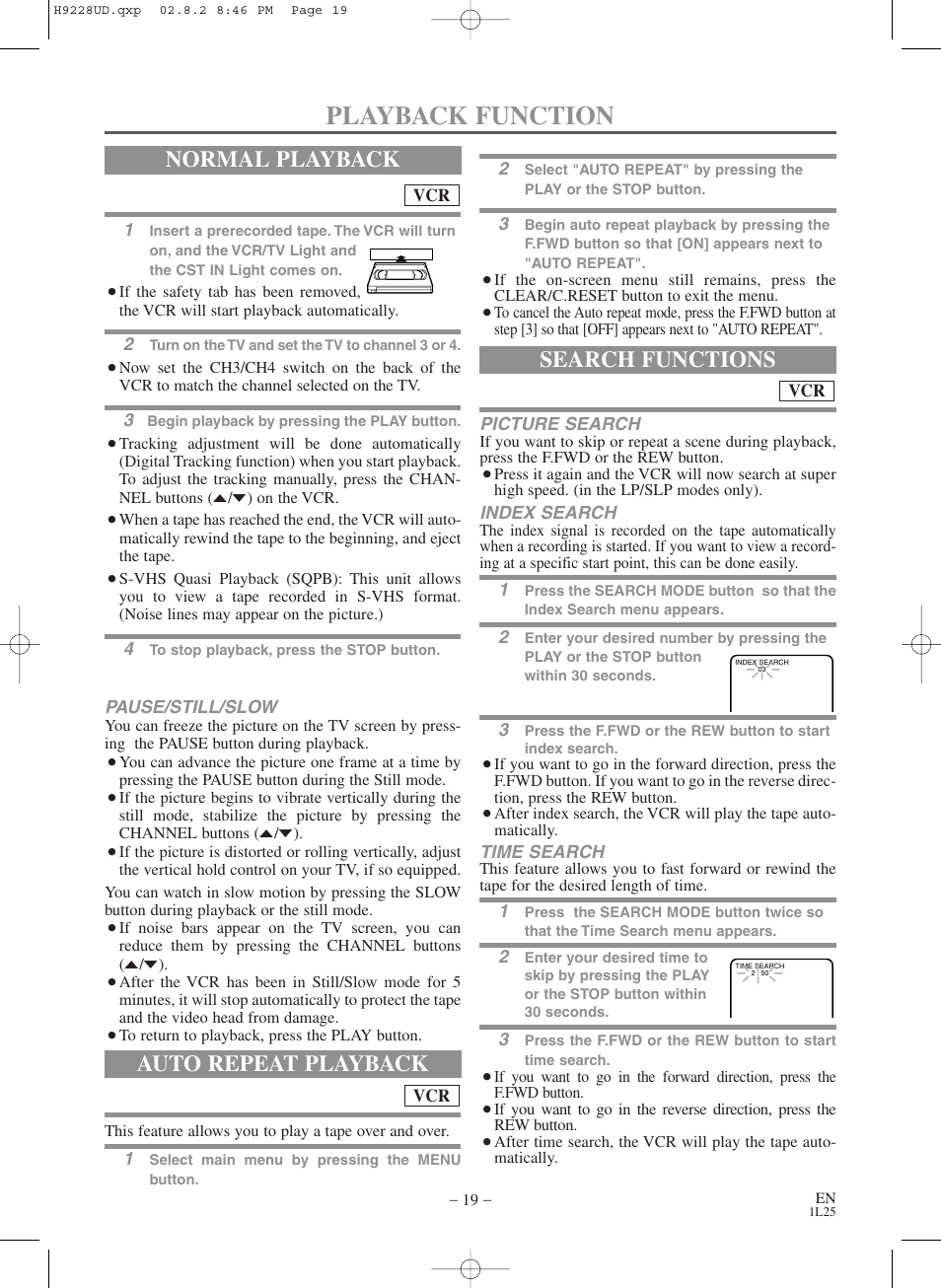 Playback function, Normal playback, Auto repeat playback | Search functions | Sears SRD2900 User Manual | Page 19 / 48