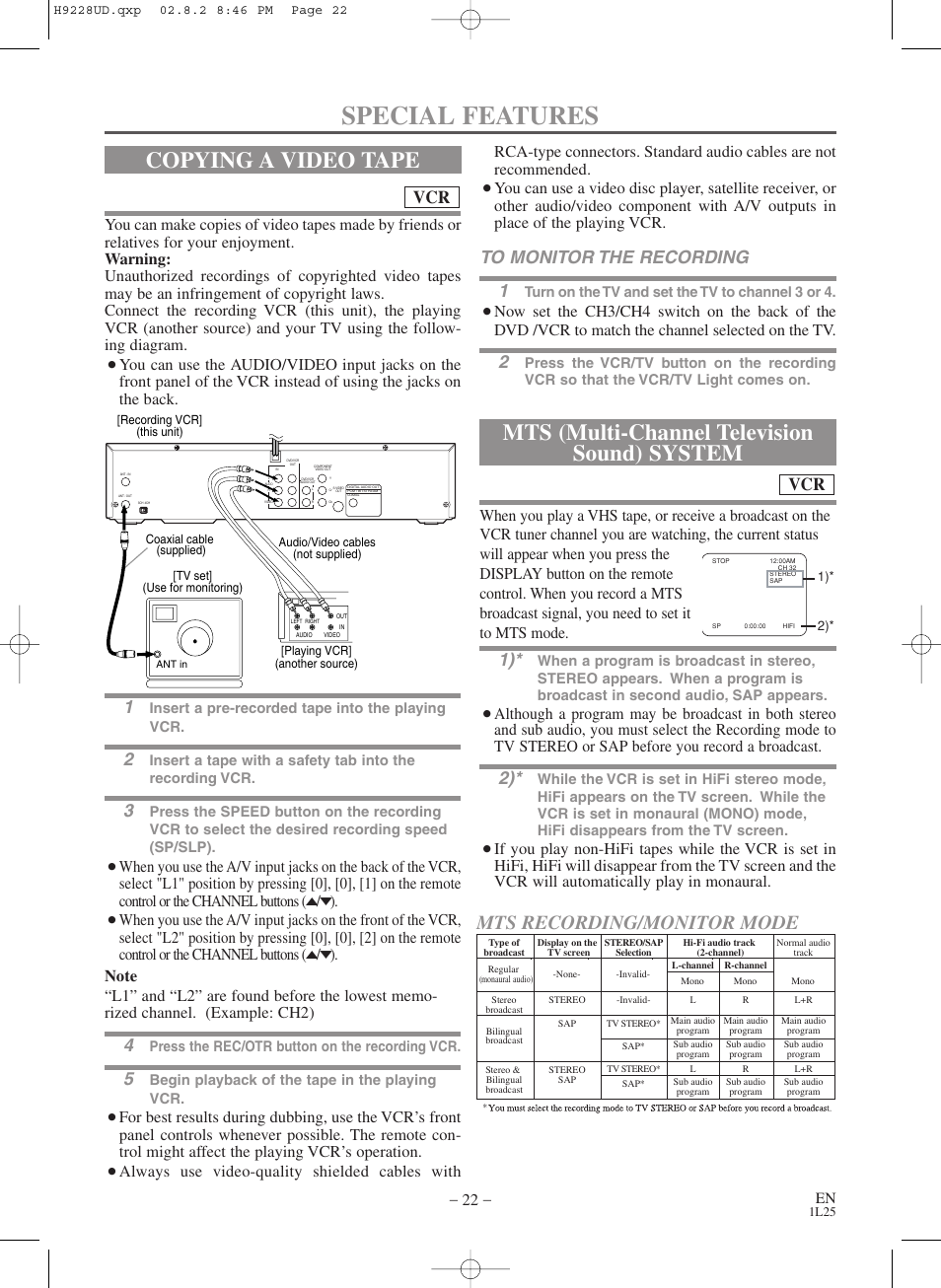 Special features, Copying a video tape, Mts (multi-channel television sound) system | Mts recording/monitor mode, Always use video-quality shielded cables with | Sears SRD2900 User Manual | Page 22 / 48
