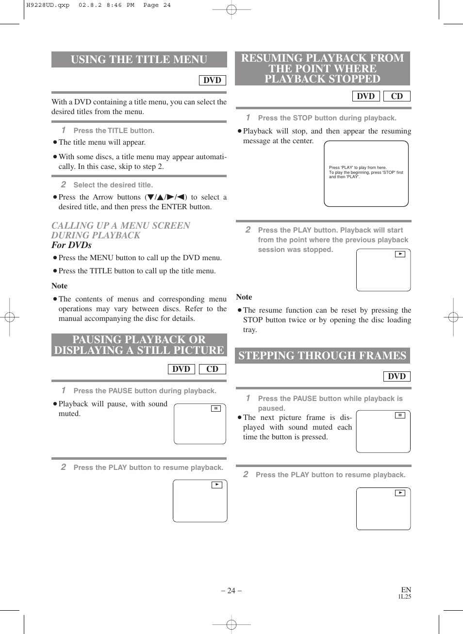 Using the title menu, Pausing playback or displaying a still picture, Stepping through frames | Sears SRD2900 User Manual | Page 24 / 48