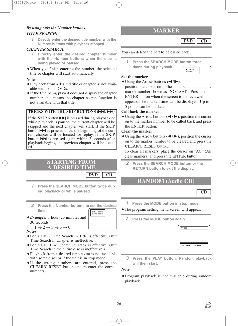 Starting from a desired time, Marker random (audio cd) | Sears SRD2900 User Manual | Page 26 / 48