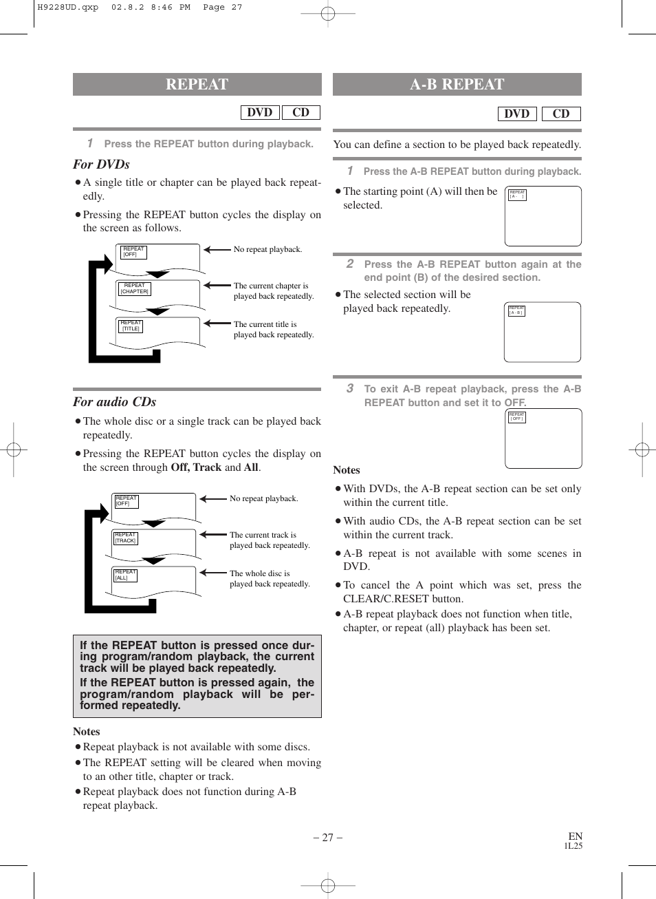Repeat, A-b repeat, For dvds | For audio cds, Cd dvd | Sears SRD2900 User Manual | Page 27 / 48