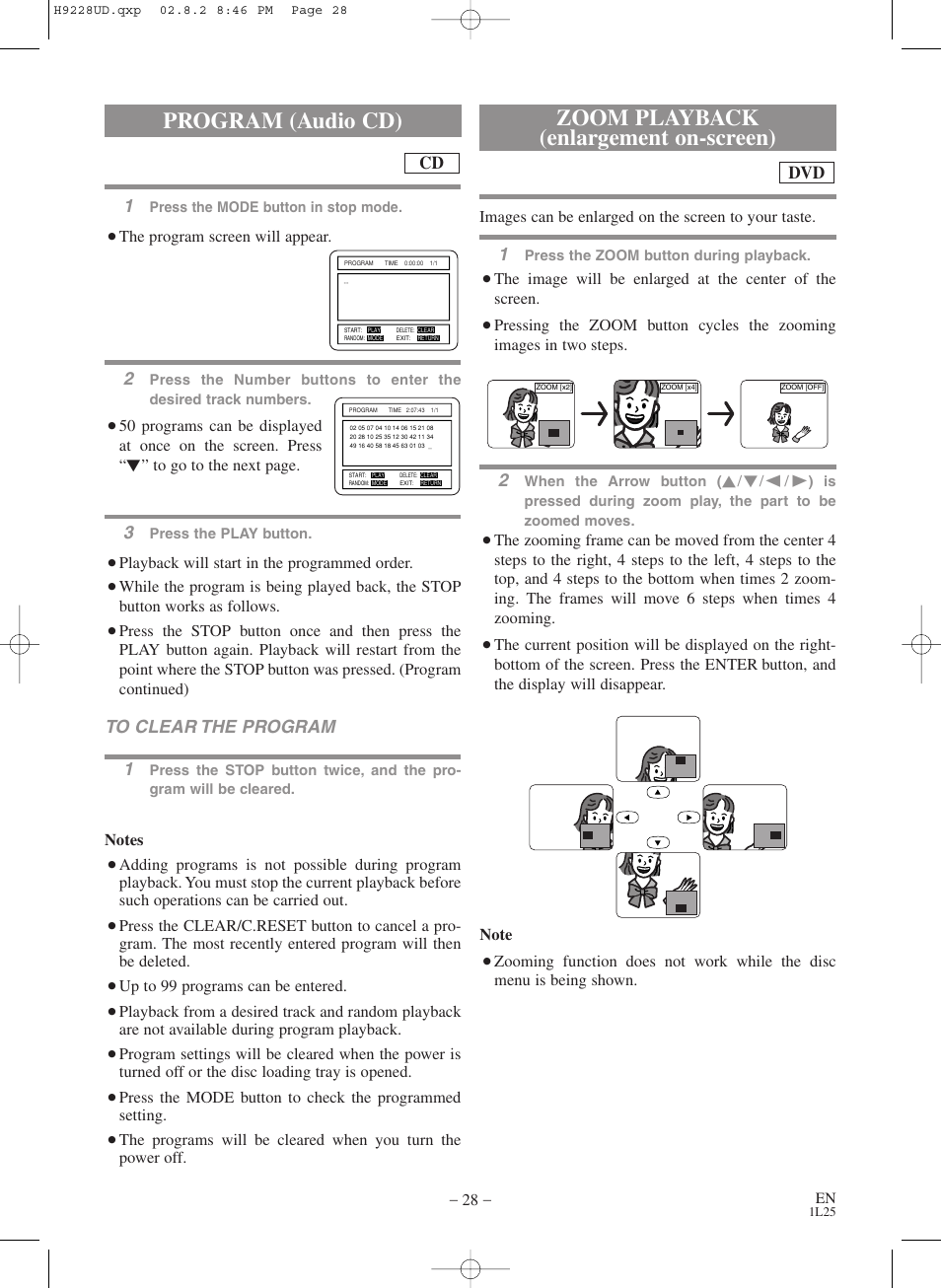 Program (audio cd), Zoom playback (enlargement on-screen) | Sears SRD2900 User Manual | Page 28 / 48