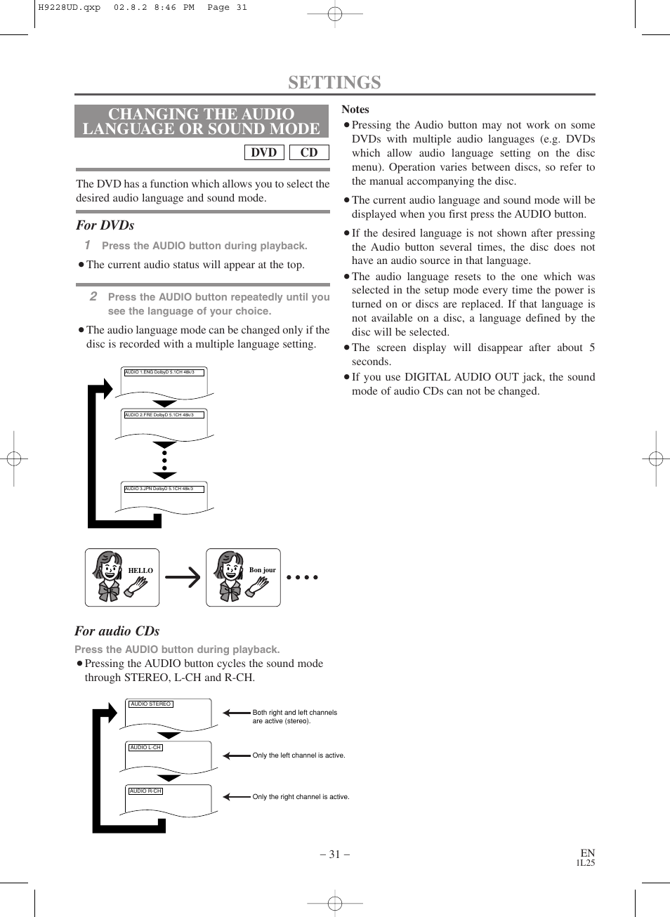 Settings, Changing the audio language or sound mode, For dvds | For audio cds, Cd dvd | Sears SRD2900 User Manual | Page 31 / 48