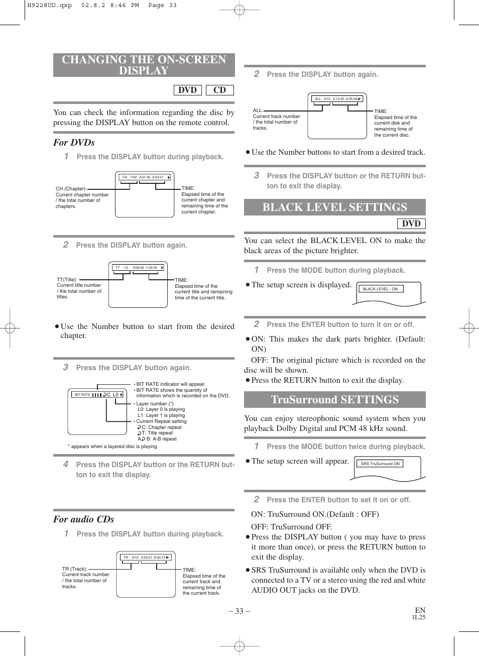 Changing the on-screen display, Black level settings, Trusurround settings | For dvds, For audio cds, Cd dvd 2 | Sears SRD2900 User Manual | Page 33 / 48