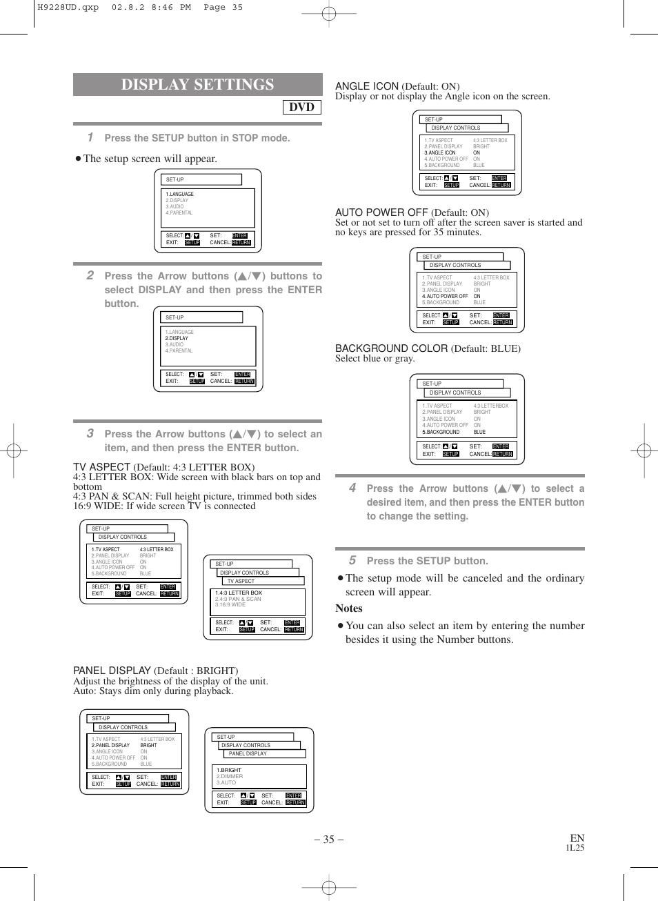 Display settings, The setup screen will appear, Press the arrow buttons | Press the setup button, Press the setup button in stop mode, 1l25 | Sears SRD2900 User Manual | Page 35 / 48