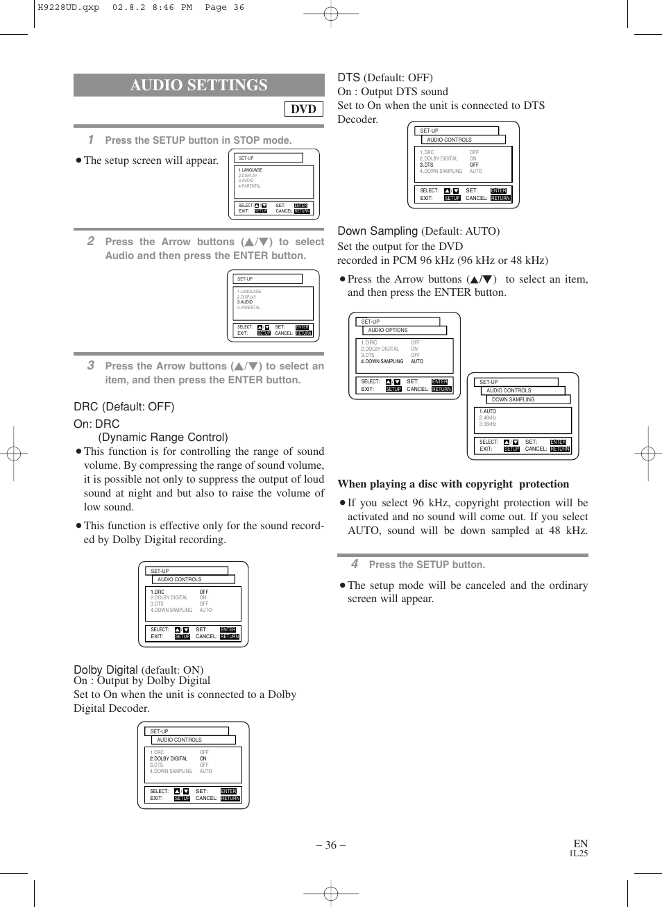 Audio settings, The setup screen will appear, Drc (default: off) on: drc (dynamic range control) | Press the arrow buttons (k, Press the setup button in stop mode, Press the arrow buttons, Press the setup button | Sears SRD2900 User Manual | Page 36 / 48