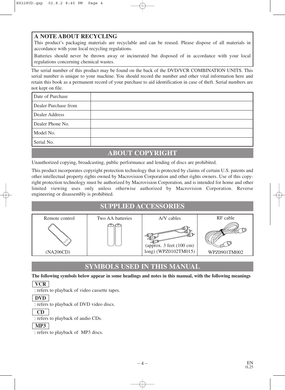About copyright, Symbols used in this manual, Supplied accessories | Sears SRD2900 User Manual | Page 4 / 48