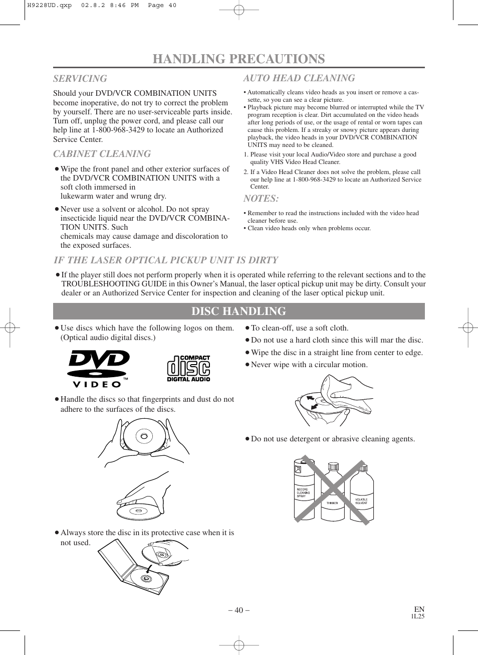 Handling precautions, Disc handling, Servicing | Cabinet cleaning, Auto head cleaning, If the laser optical pickup unit is dirty | Sears SRD2900 User Manual | Page 40 / 48