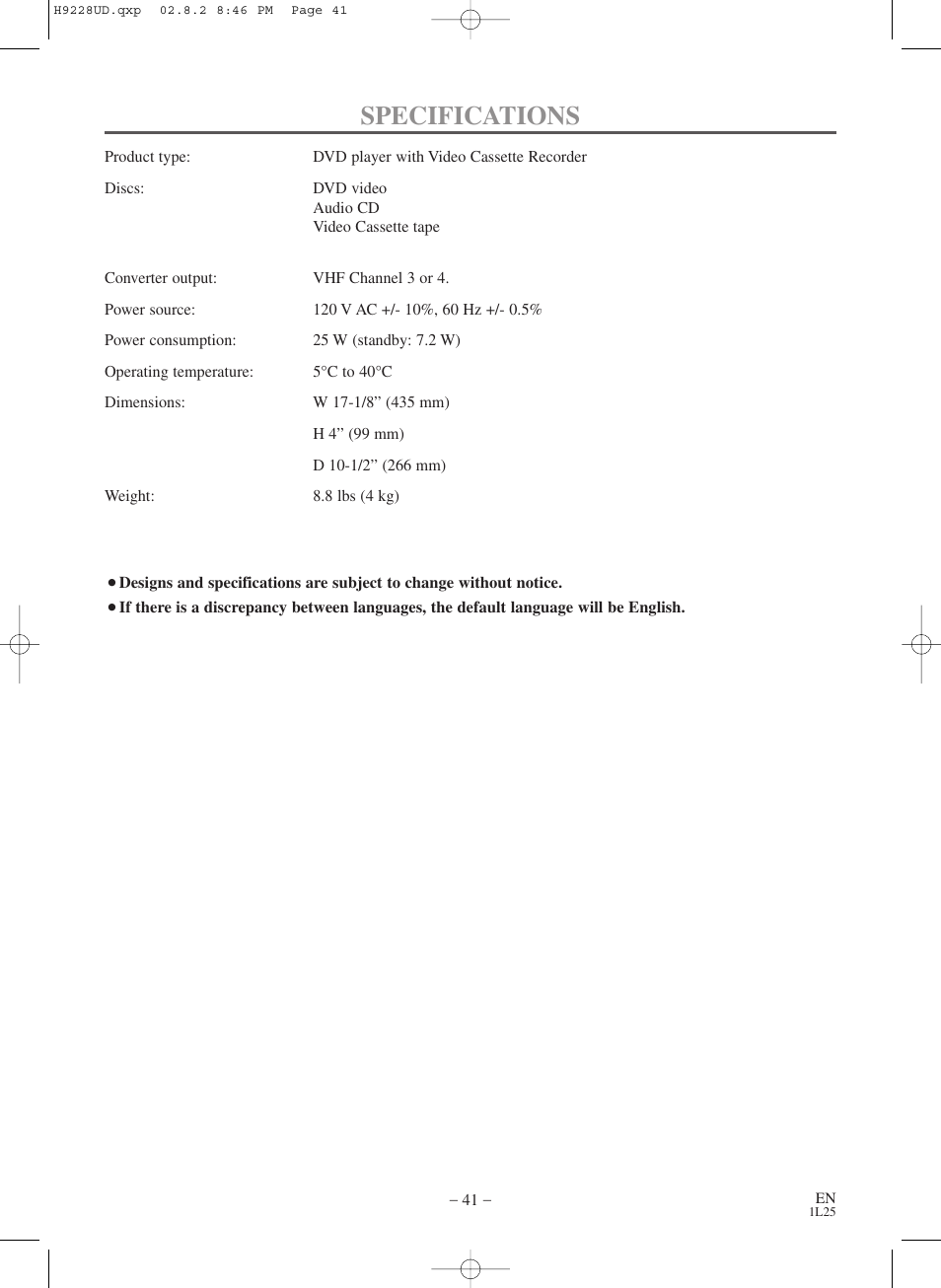 Specifications | Sears SRD2900 User Manual | Page 41 / 48