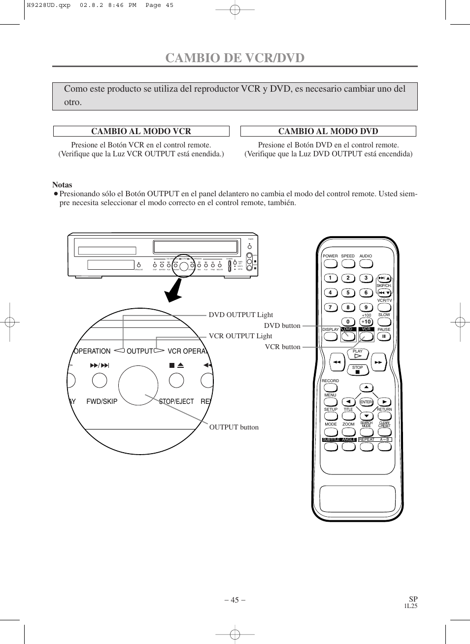 Cambio de vcr/dvd, Cambio al modo vcr, Cambio al modo dvd | Notas, 1l25 | Sears SRD2900 User Manual | Page 45 / 48