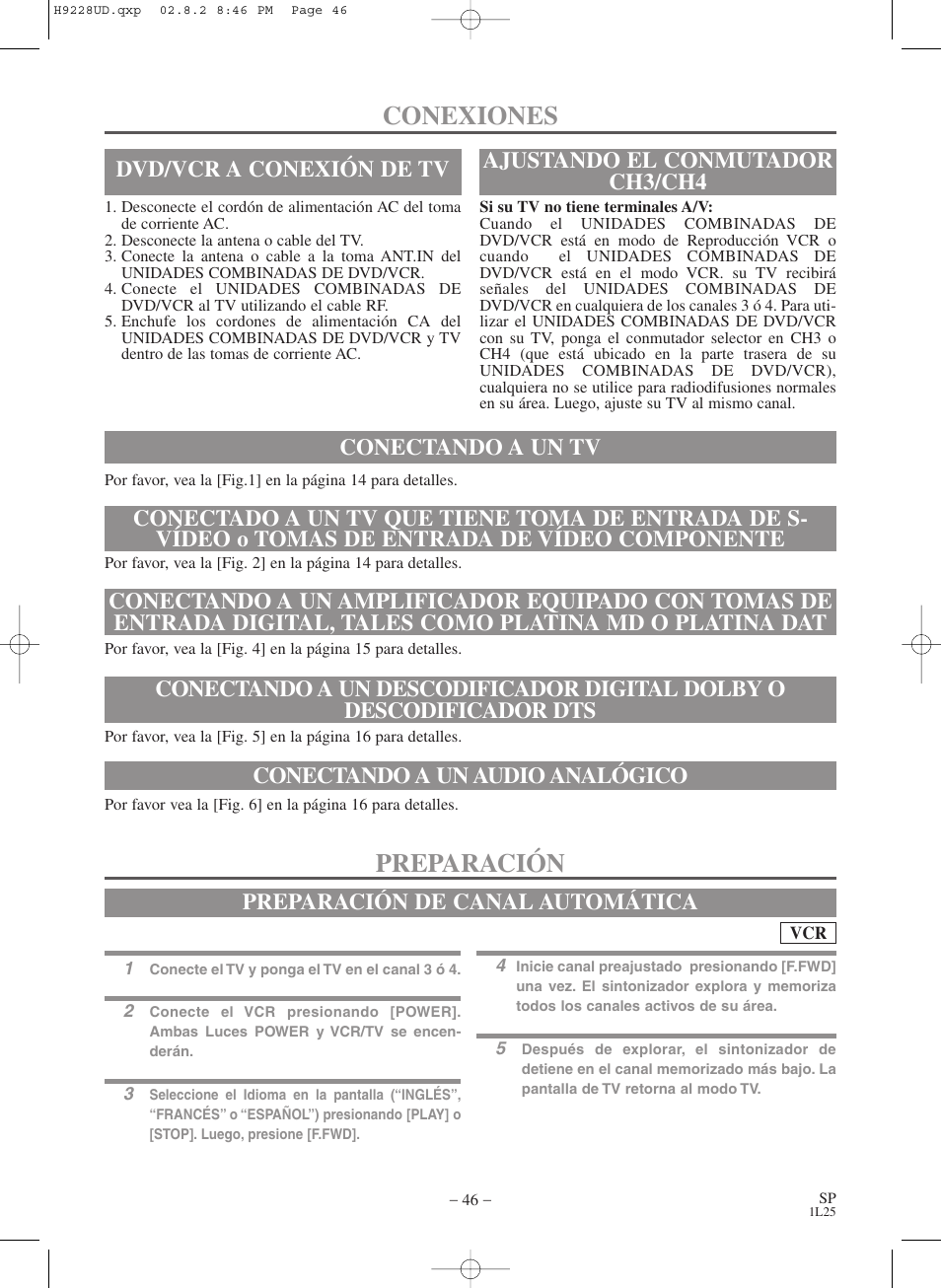 Conexiones, Preparación, Ajustando el conmutador ch3/ch4 | Conectando a un audio analógico, Preparación de canal automática | Sears SRD2900 User Manual | Page 46 / 48