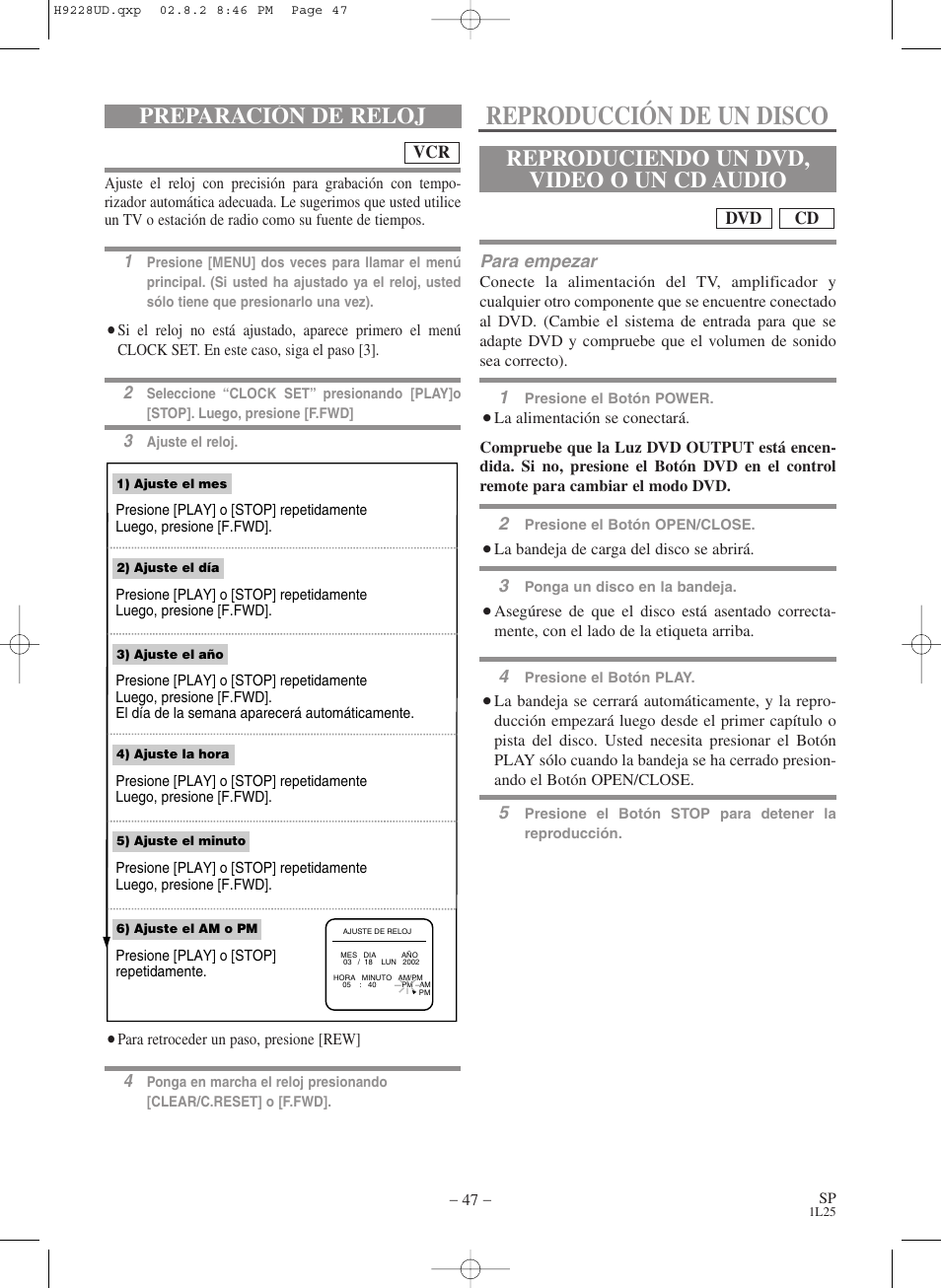 Reproducción de un disco, Preparación de reloj, Reproduciendo un dvd, video o un cd audio | Sears SRD2900 User Manual | Page 47 / 48