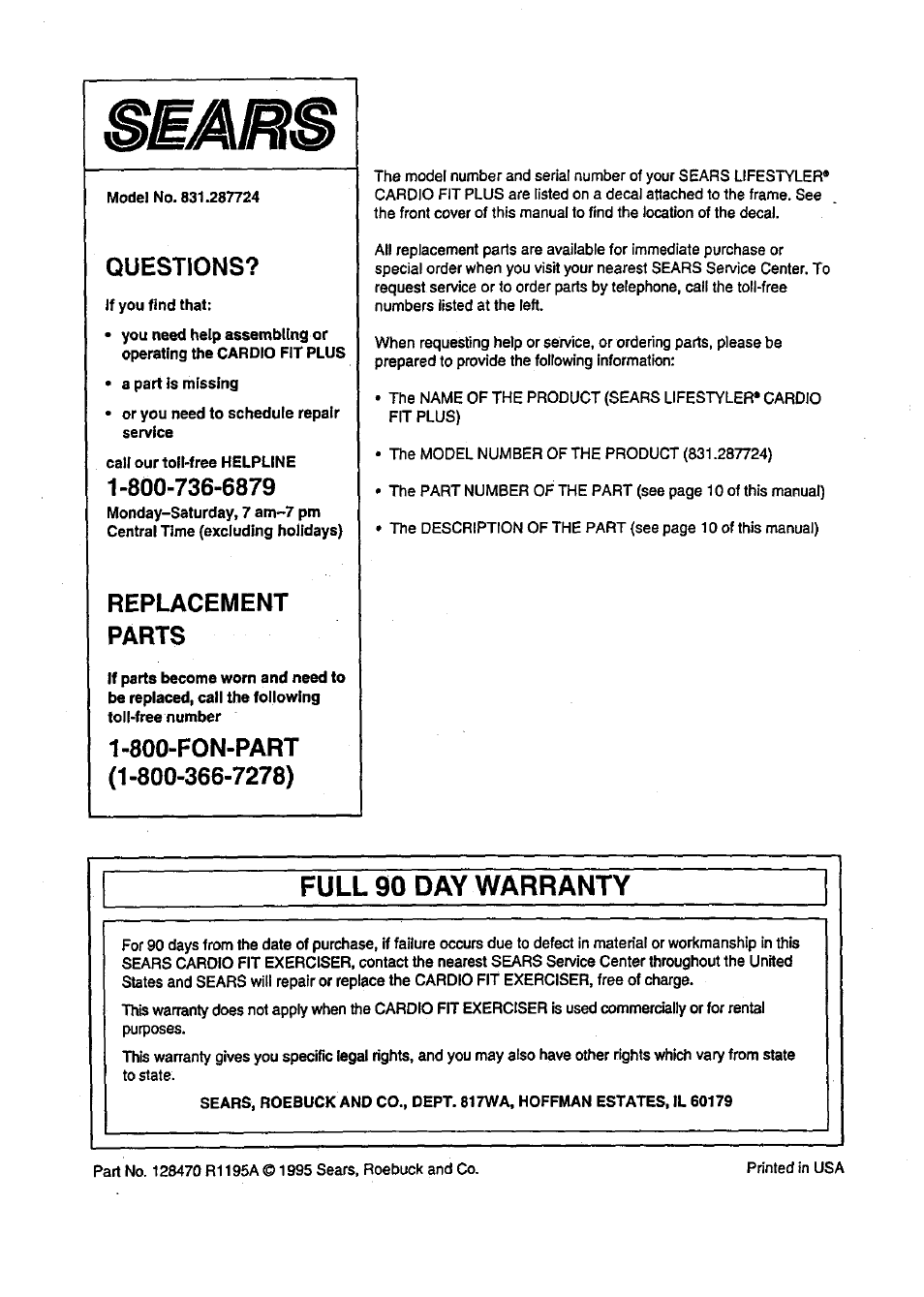 Replacement, Parts, 800-fon-part | Full go day warranty, Questions, Replacement parts | Sears 831.287724 User Manual | Page 12 / 12