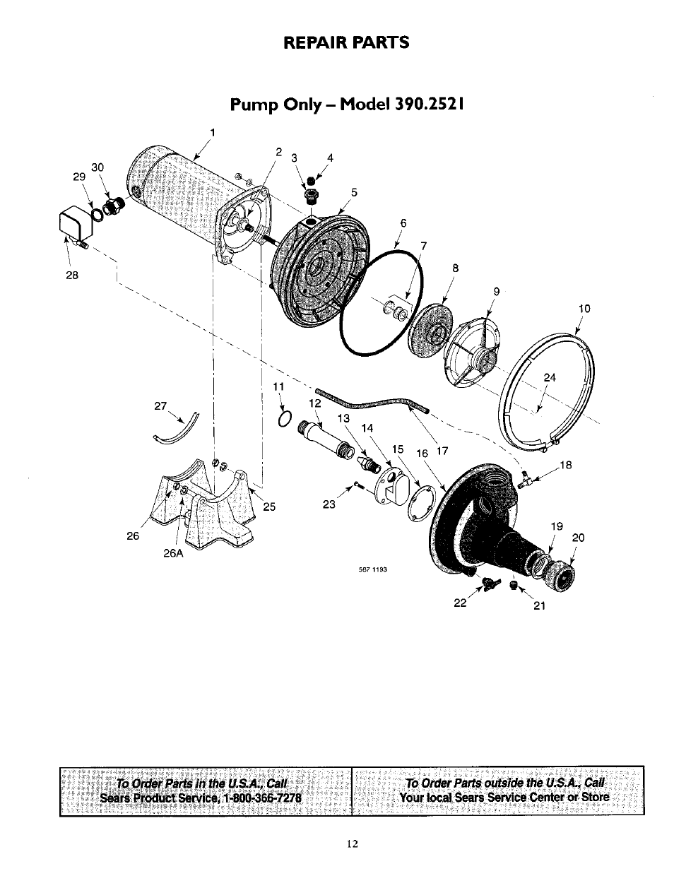 Repair parts, Pump only - model 390.2521 | Sears 390.2521 User Manual | Page 12 / 16