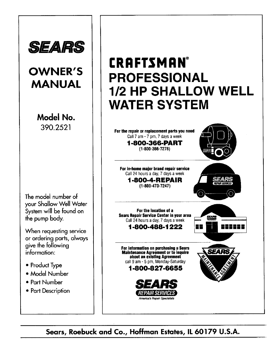 Owner's, Manual, Model no | Crnftsmrn, Professional 1/2 hp shallow well water system, Owner's manual | Sears 390.2521 User Manual | Page 16 / 16