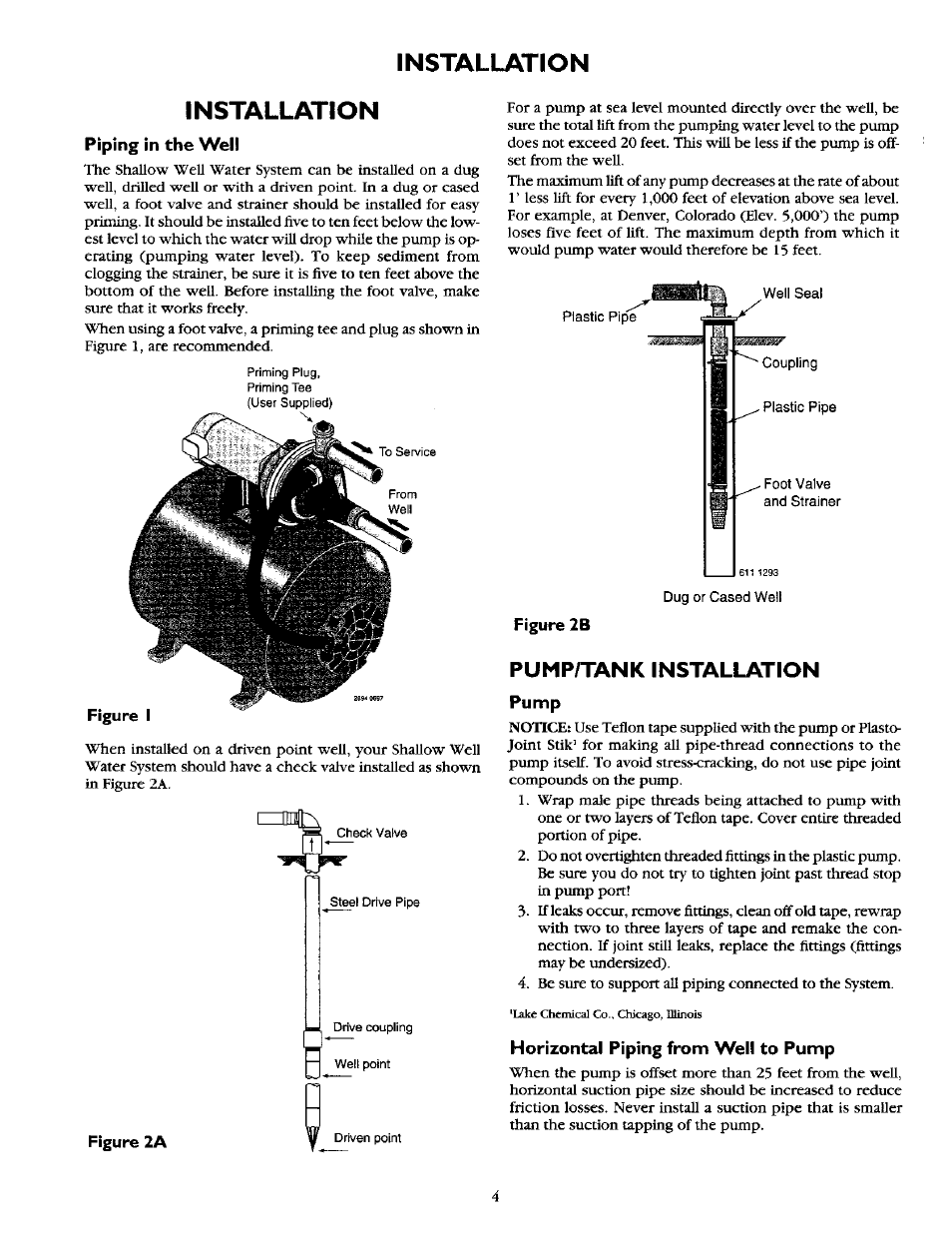 Installation, Piping in the well, Pump | Horizontal piping from well to pump, Pump/tank installation | Sears 390.2521 User Manual | Page 4 / 16