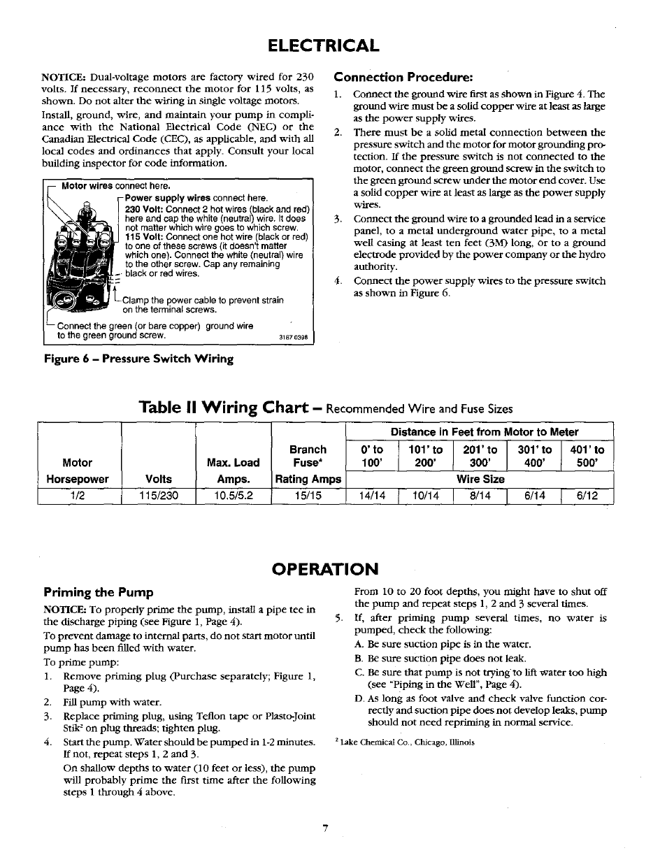 Electrical, Connection procedure, Operation | Priming the pump, Table ii wiring chart | Sears 390.2521 User Manual | Page 7 / 16