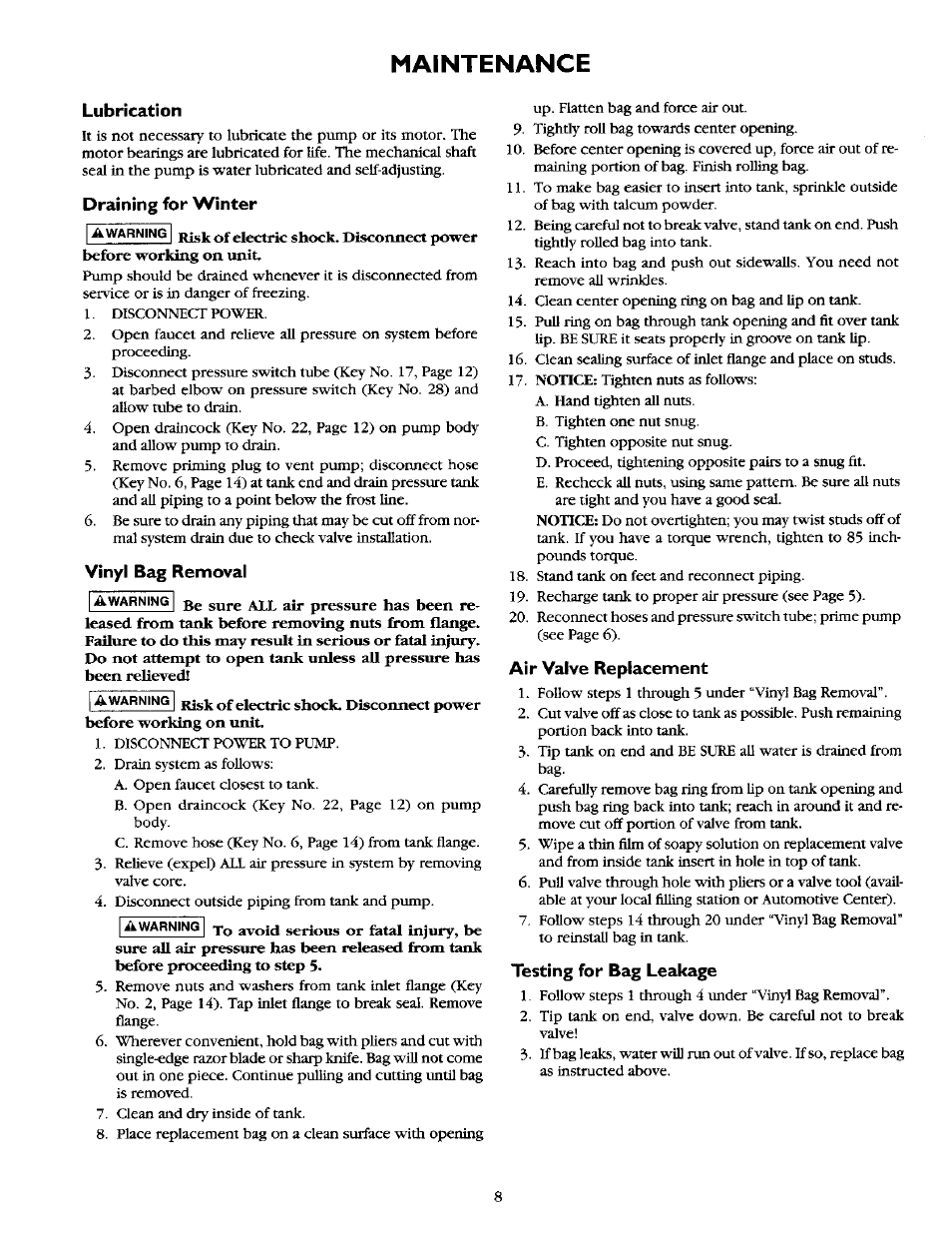 Lubrication, Draining for winter, Vinyl bag removal | Air valve replacement, Testing for bag leakage, Maintenance, Valve replacement, Testing, Bag leakage | Sears 390.2521 User Manual | Page 8 / 16