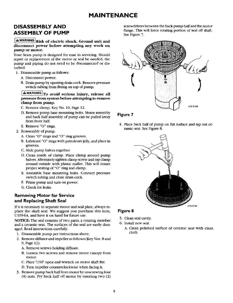 Figure 8, Maintenance, Disassembly and assembly of pump | Sears 390.2521 User Manual | Page 9 / 16