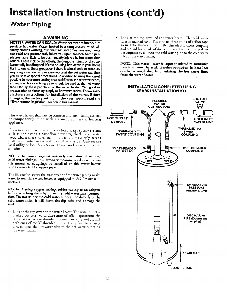 Installation instructions (cont’d), Water piping | Sears 153.33645 User Manual | Page 11 / 32