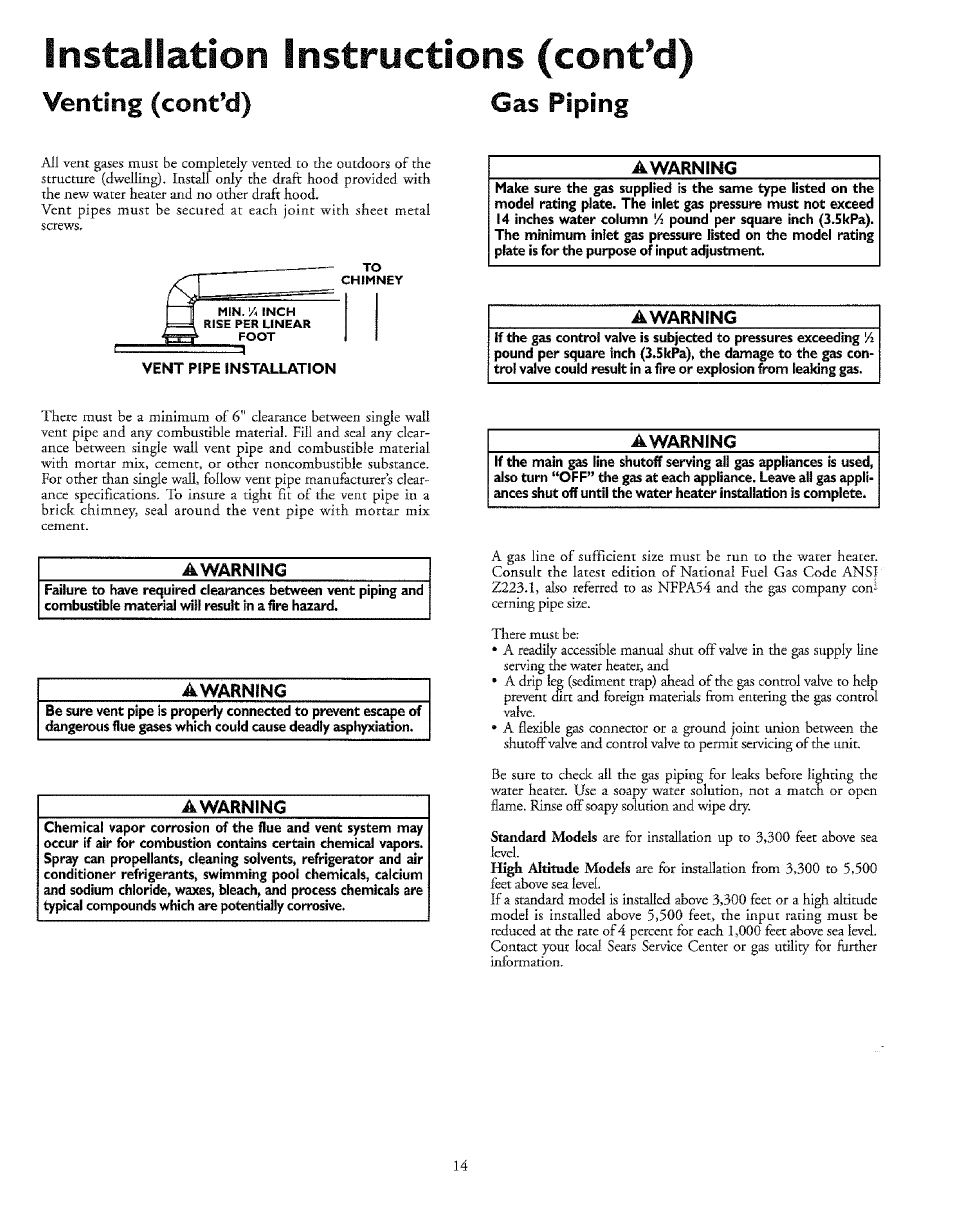 Installation instructions (cont’d), Venting (cont’d) gas piping, Awarninc | Awarnîng, Awarning | Sears 153.33645 User Manual | Page 14 / 32