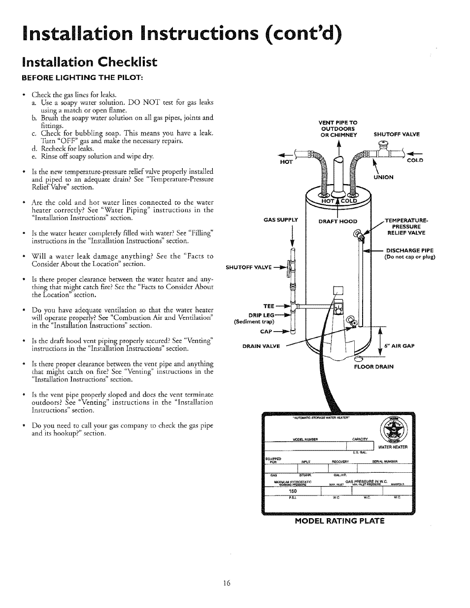 Installation checklist, Installation instructions (cont’d) | Sears 153.33645 User Manual | Page 16 / 32