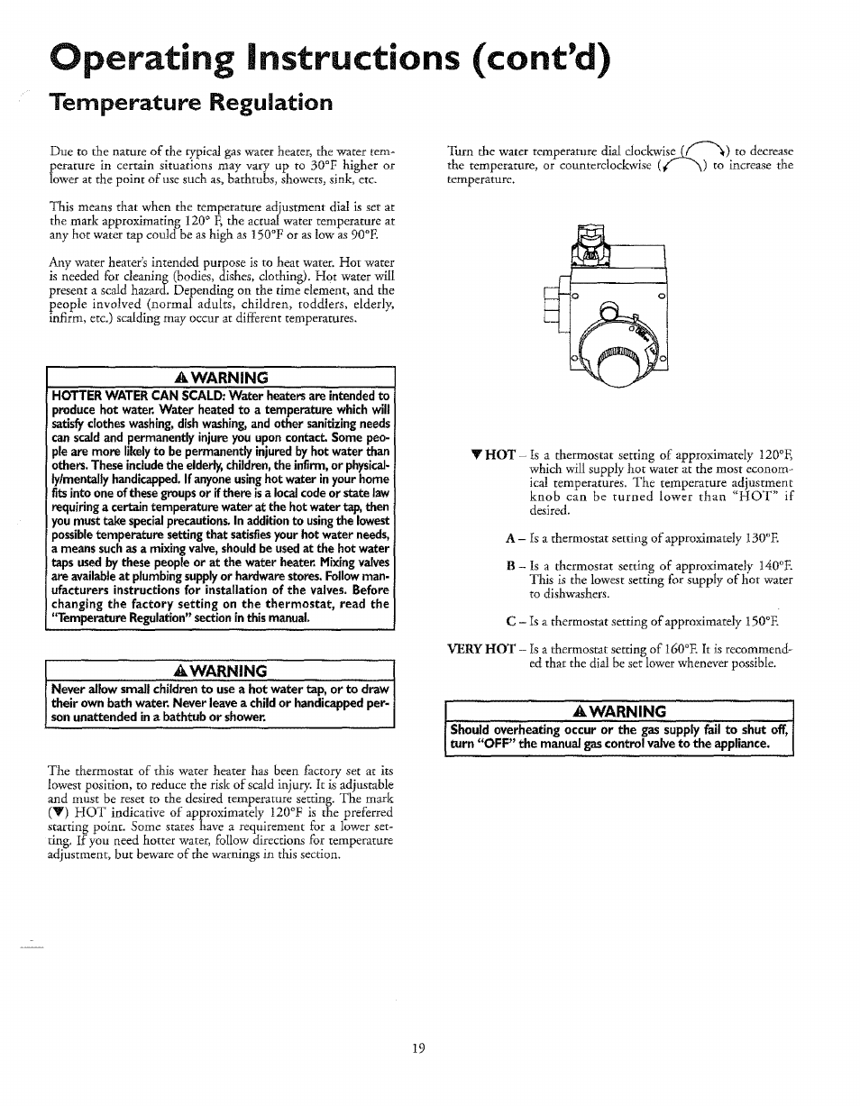 Operating instructions (cont’d), Temperature regulation, Awarning | Sears 153.33645 User Manual | Page 19 / 32