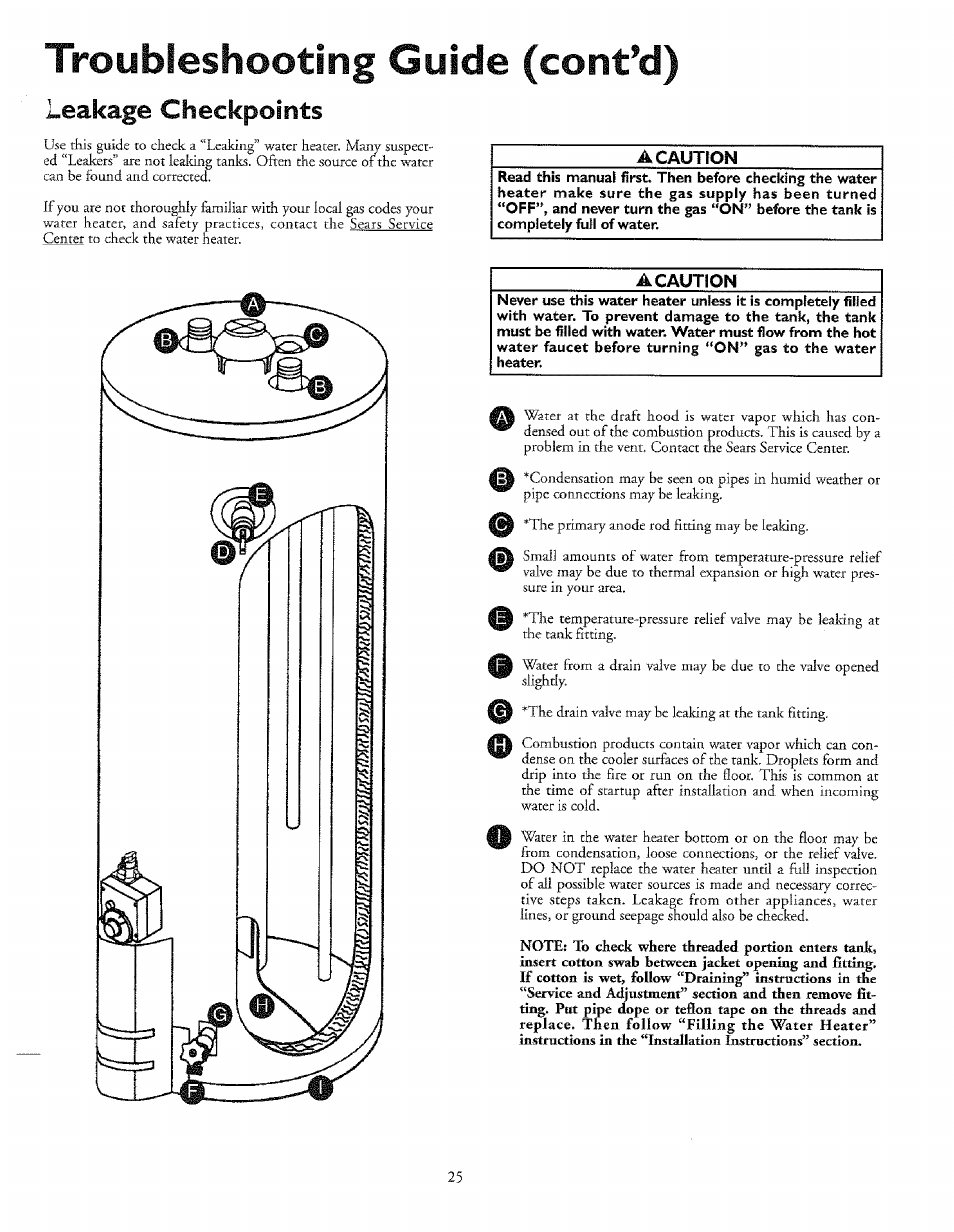 Leakage checkpoints, A caution, Troubleshooting (cont’d) | Sears 153.33645 User Manual | Page 25 / 32