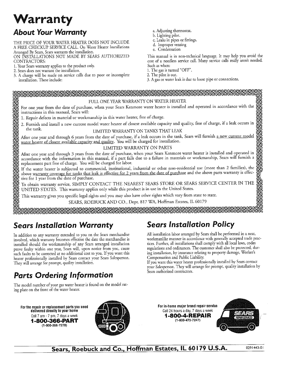 Warranty, 1>800-4-^epair, Sears | About your warranty, Instauation warranty, Parts ordering information, Sears installation policy | Sears 153.33645 User Manual | Page 32 / 32