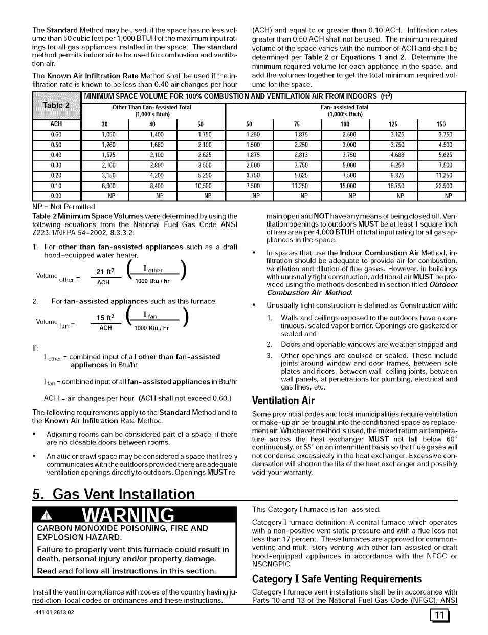 Gas vent installation, Ventilation air, Warning | Category i safe venting requirements | Sears N8MPL050B12B1 User Manual | Page 11 / 56