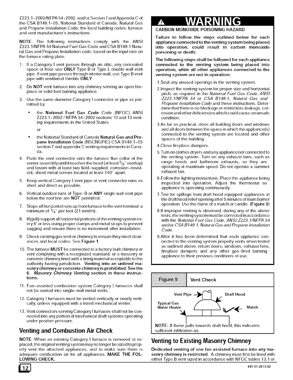 Venting and combustion air check, Warning, Venting to existing masonry chimney | Sears N8MPL050B12B1 User Manual | Page 12 / 56
