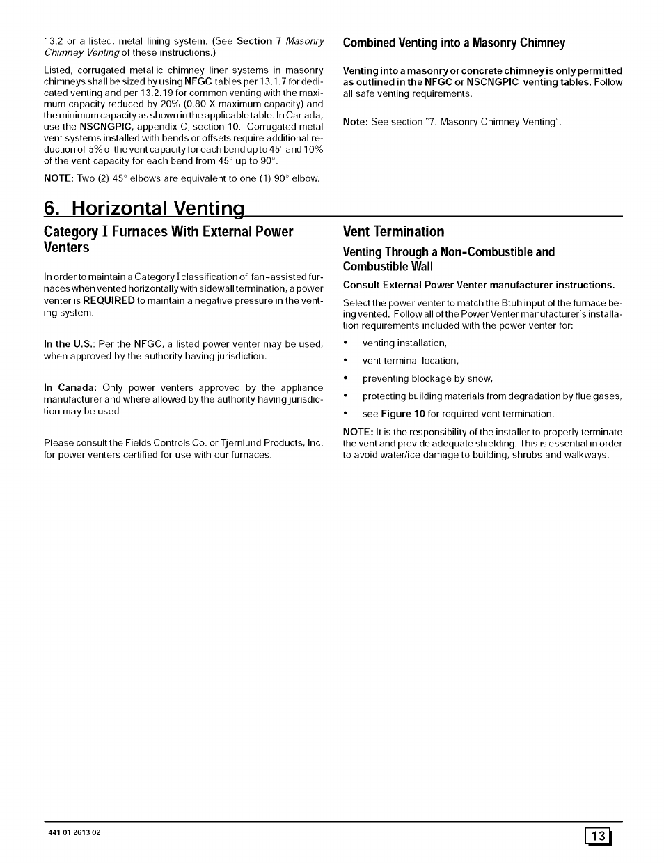 Horizontal venting, Category i furnaces with external power venters, Vent termination | Sears N8MPL050B12B1 User Manual | Page 13 / 56