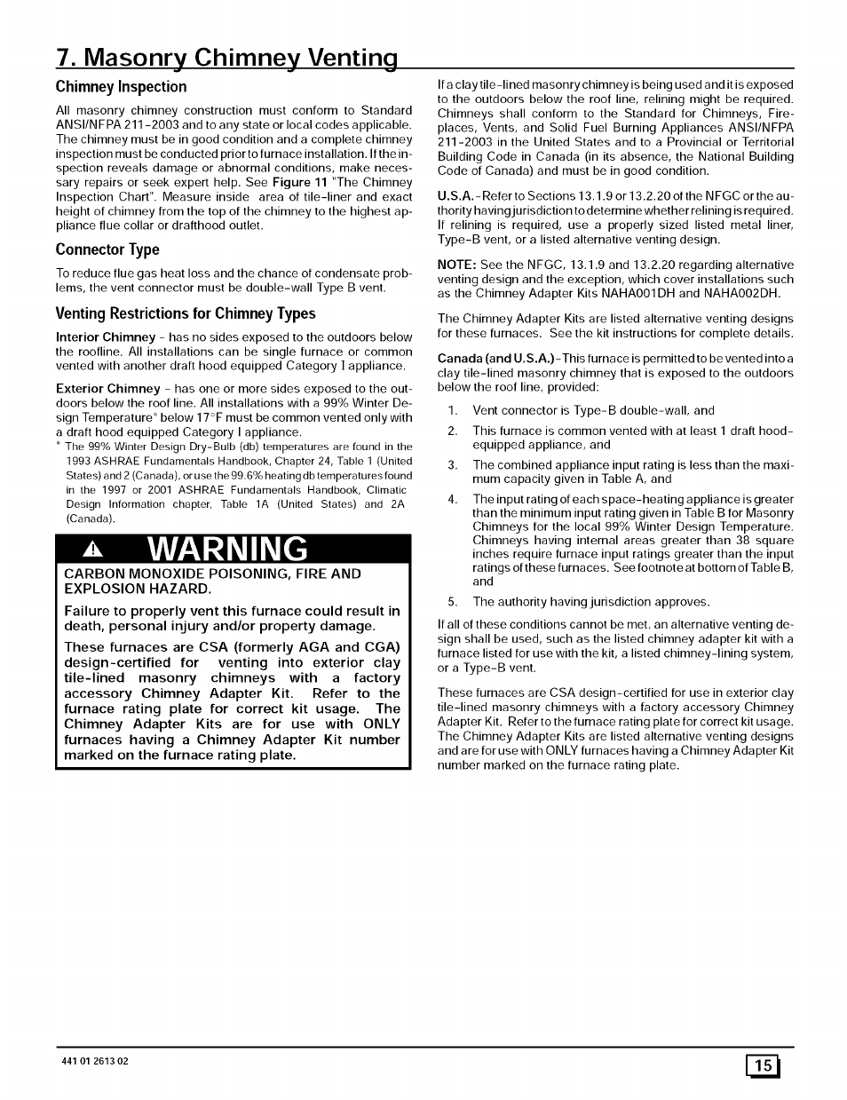 Masonry chimney venting, A warning | Sears N8MPL050B12B1 User Manual | Page 15 / 56