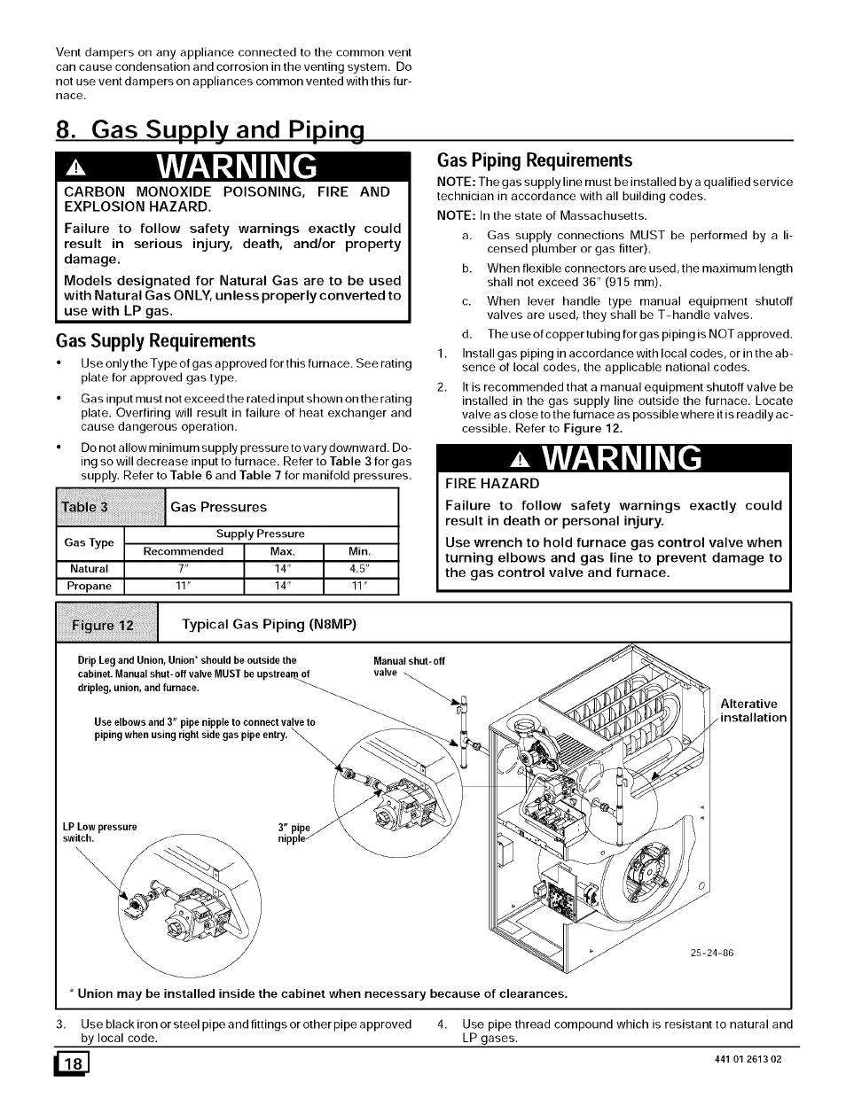 Gas supply and piping, Warning, Gas supply requirements | Gas piping requirements, A warning | Sears N8MPL050B12B1 User Manual | Page 18 / 56