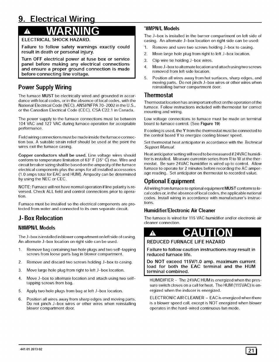 Electrical wiring, A warning, Power supply wiring | J-box relocation, Thermostat, Optional equipment, Caution | Sears N8MPL050B12B1 User Manual | Page 21 / 56